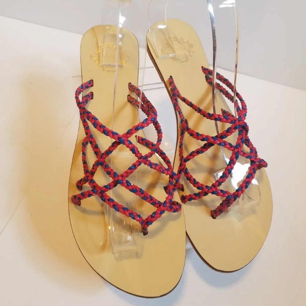 ECOTÉ Urban Outfitters Size 9 Boho Braided Leather Sandals Red Blue Flats